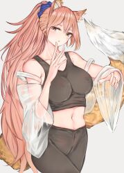 1girl absurdres animal_ear_fluff animal_ears black_pants black_tank_top blue_scrunchie breasts commentary cowboy_shot crop_top crossed_bangs earrings fate/grand_order fate_(series) finger_to_mouth fox_ears fox_girl fox_tail gold_earrings grey_background hair_between_eyes highres jacket jewelry light_blush long_fingers long_hair looking_at_viewer looking_to_the_side medium_breasts midriff navel pants parted_lips pink_hair ponytail removing_jacket scrunchie see-through_clothes see-through_jacket simple_background solo tail tamamo_(fate) tamamo_no_mae_(fate/extra) tank_top tiozhome very_long_hair very_long_tail yellow_eyes