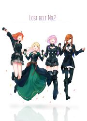 4girls absurdres ahoge armor armored_leotard bad_id bad_twitter_id black_footwear black_gloves black_legwear blonde_hair blush brown_hair choker closed_eyes collared_shirt command_spell commentary_request english_text eyepatch fate/grand_order fate_(series) faulds fujimaru_ritsuka_(female) fujimaru_ritsuka_(female)_(polar_chaldea_uniform) full_body gerda_(fate) gloves gorget greaves green_eyes hair_over_one_eye highres holding_hands jewelry jumping leotard long_hair long_sleeves mash_kyrielight mash_kyrielight_(ortenaus) miniskirt multiple_girls necklace one_eye_closed open_mouth ophelia_phamrsolone orange_eyes orange_hair pantyhose pauldrons petals pink_hair reflection renkon_(motimotita) shirt short_hair shoulder_armor side-by-side simple_background skirt smile tattoo teeth upper_teeth_only white_background