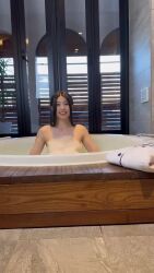 1girl animated asian bath bathing bathroom bathtub black_hair convenient_censoring indoors long_hair looking_at_viewer navel nude parted_lips real_life saotome_kana smile soap_bubbles soap_censor solo sound standing tagme teeth video