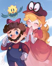 Rule 34 | &gt; &lt;, 1boy, 1girl, absurdres, blonde hair, blue background, blue eyes, blue overalls, blush, bow, brown hair, cappy (mario), closed eyes, commentary request, dress, earrings, eyelashes, facial hair, flower, gloves, hair bow, hanaon, headwear switch, highres, jewelry, long hair, mario, mario (series), mustache, nintendo, open mouth, overalls, pearl earrings, pink dress, princess peach, princess peach: showtime!, puffy short sleeves, puffy sleeves, red bow, red headwear, red shirt, shirt, short sleeves, stella (peach), super mario odyssey, sweat, white gloves