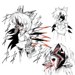 1girl 3rdeye_suki ascot back_spikes blood blood_on_face blood_on_teeth bloody_tears bow detached_sleeves frilled_bow frilled_hair_tubes frills greyscale hair_bow hair_tubes hakurei_reimu hatching_(texture) highres looking_at_viewer looking_back monochrome navel open_mouth ribbon-trimmed_sleeves ribbon_trim sharp_teeth simple_background skirt solo spitting spitting_blood standing teeth touhou touhou_igyoukyo variant_reimu vertical_mouth white_background yin_yang