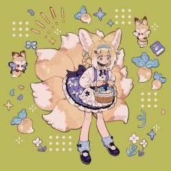 1girl animal animal_ears arknights basket black_bow black_bowtie black_collar black_shoes blonde_hair blue_bow blue_dress blue_hairband blue_legwear book bow bowtie braid collar dress extra_ears flower fox fox_ears fox_girl fox_tail green_background green_eyes hair_bow hair_ornament hairband hairclip highres holding holding_basket infection_monitor_(arknights) kitsune kyuubi large_ears leg_warmers long_hair long_sleeves multicolored_hair multiple_tails shoes simple_background siyer smile solo streaked_hair suzuran_(arknights) tail turnip two-tone_dress white_dress white_flower white_hair white_wrist_cuffs wrist_cuffs