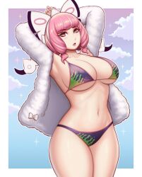 1girl armpits arms_up bikini blush bow breasts carrion_art cleavage coat drill_hair flipped_hair fur_coat fur_jacket green_bikini hair_bow hairband highres jacket klara_(pokemon) large_breasts mole mole_under_mouth multicolored_bikini navel nintendo open_clothes open_coat open_jacket open_mouth pink_hair pokemon pokemon_swsh purple_bikini short_hair solo stomach swimsuit twin_drills two-tone_bikini white_bow white_coat white_fur white_hairband white_jacket