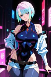 1girl belt blue_eyes breasts cyberpunk_(series) cyberpunk_edgerunners highleg highleg_leotard jacket leotard lucy_(cyberpunk) medium_breasts multicolored_hair non-web_source off-shoulder_jacket off_shoulder open_clothes open_jacket short_shorts shorts solo