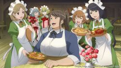 Rule 34 | 6+girls, animal ears, anya fromel, apron, artist request, black hair, brown hair, cat ears, cat girl, cat tail, chloe rollo, closed eyes, dress, dungeon ni deai wo motomeru no wa machigatteiru darou ka, elf, flower pot, food, gift, green dress, green eyes, highres, long sleeves, lunoire faust, mia grand, multiple girls, official art, pointy ears, ryu lion, sitting, soup, syr flover, table, tail, tavern, tray, waitress, white apron