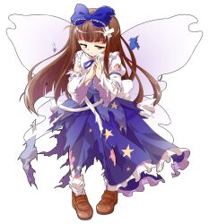 1girl bandaid bandaid_on_head blue_dress blue_ribbon blunt_ends brown_eyes brown_hair brown_shoes closed_mouth commentary_request dairi dress fairy fairy_wings frown full_body hair_ribbon juliet_sleeves large_variant_set long_hair long_sleeves neck_ribbon own_hands_together puffy_sleeves ribbon shoes sleeve_garter socks solo standing star_sapphire tachi-e torn_clothes torn_dress touhou v-shaped_eyebrows variant_set white_socks wide_sleeves wings