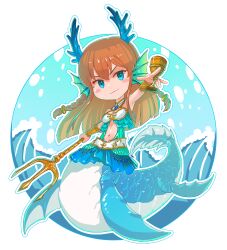 1girl absurdres arm_guards arm_up armpits bare_shoulders between_fingers blue_eyes blue_gemstone blue_shirt blue_skirt blush_stickers braid breasts chalice circle cleavage closed_mouth commentary cup detached_collar double-parted_bangs english_commentary fins floating_hair full_body gem hair_between_eyes head_fins head_tilt highres hold111 holding holding_cup holding_polearm holding_weapon horns idolmaster idolmaster_million_live! kousaka_umi light_smile long_hair looking_at_viewer midriff monster_girl monsterification navel orange_hair outline outstretched_arms polearm shirt sidelocks skirt small_breasts solo trident twin_braids v-shaped_eyebrows water waves weapon white_background white_outline