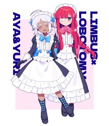 2girls absurdres alternate_costume apron aya_(project_moon) black_dress black_shoes blue_bow border bow braid character_name closed_eyes dark-skinned_female dark_skin dress frilled_apron frills full_body gauze gauze_over_eye grey_eyes hair_bow highres juliet_sleeves limbus_company long_hair long_sleeves looking_at_viewer maid maid_headdress multiple_girls nr6nzqrcgf60864 open_mouth pink_background pink_bow pink_hair project_moon puffy_sleeves shoes short_hair sidelocks simple_background standing twin_braids white_apron white_border white_hair yuri_(project_moon)