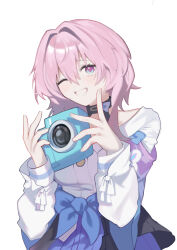 1girl absurdres black_choker black_overskirt blue_eyes blue_jacket blue_skirt bra_strap breasts buttons camera choker clenched_teeth commentary flower_ornament gradient_clothes gradient_jacket highres holding holding_camera honkai:_star_rail honkai_(series) jacket long_sleeves march_7th_(honkai:_star_rail) march_7th_(preservation)_(honkai:_star_rail) maruku1631618 medium_breasts medium_hair multicolored_eyes off-shoulder_jacket off_shoulder one_eye_closed pink_eyes pink_jacket pink_pupils shirt simple_background skirt smile solo teeth tied_jacket two-tone_eyes underbust upper_body white_background white_shirt