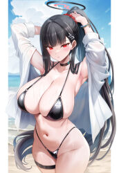 1girl armpits arms_up beach bikini black_bikini black_choker black_hair blue_archive blue_sky bracelet choker cloud cowboy_shot day groin halo high_ponytail highres jewelry long_hair looking_at_viewer navel oni-noboru outdoors parted_lips ponytail red_eyes rio_(blue_archive) shirt sky solo stomach swimsuit thigh_strap very_long_hair wet white_shirt