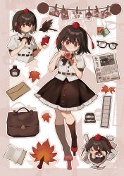 1girl bag bird black_bird black_bow black_bowtie black_hair black_shirt black_shoes bow bowtie bunbunmaru buttons camera chibi closed_mouth clothes_pin collared_shirt commentary crow detached_lens envelope film_strip frilled_skirt frills full_body geta hat hauchiwa highres holding holding_camera holding_notebook holding_pen inkwell iwakoo kazami_yuuka kneehighs leaf looking_at_viewer maple_leaf medicine_melancholy multiple_views newspaper notebook onozuka_komachi pen photo_(object) postage_stamp puffy_short_sleeves puffy_sleeves red_eyes red_hat red_shoes shameimaru_aya shiki_eiki shirt shoes short_hair short_sleeves skirt smile socks symbol-only_commentary tengu-geta tokin_hat touhou unworn_eyewear white_shirt