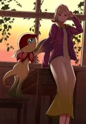 1girl absurdres akitsuiritsuki blonde_hair digimon digimon_(creature) digimon_survive dress floramon highres indoors jacket kimishima_saki open_clothes open_jacket purple_jacket sunset white_dress window