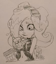 1girl 2017 7-eleven bare_shoulders elbow_gloves eyewear_on_head fingerless_gloves flying_sweatdrops gloves hands_up holding isamu-ki_(yuuki) long_hair monochrome navel nintendo simple_background splatoon_(series) splatoon_2 suction_cups sunglasses takozonesu tentacle_hair traditional_media