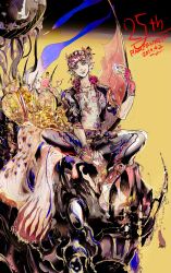 1boy amano_yoshitaka_(style) bandana black_jacket black_pants blonde_hair boots final_fantasy final_fantasy_vi fingerless_gloves gloves highres jacket locke_cole magitek_armor oju_(ouka) pants square_enix treasure undershirt