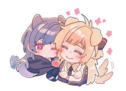 Rule 34 | 2girls, animal ears, black cape, black necktie, blonde hair, blush, cape, closed eyes, closed mouth, crossed arms, dog ears, dog girl, dog tail, ear blush, emptyayya, gradient hair, grey hair, heart, jacket, kemonomimi mode, long hair, multicolored hair, multiple girls, necktie, pink eyes, purple hair, simple background, sky striker ace - raye, sky striker ace - roze, smile, tail, tail wagging, white background, white jacket, yu-gi-oh!, yuri