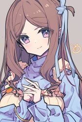 Rule 34 | 1girl, absurdres, bang dream!, bang dream! it&#039;s mygo!!!!!, blue eyes, blue ribbon, blue sweater, brown hair, chinese commentary, commentary request, grey background, hair ribbon, highres, long hair, long sleeves, looking at viewer, nagasaki soyo, one side up, own hands together, photo-referenced, ribbon, sidelocks, simple background, solo, sweater, upper body, zhong xiansheng