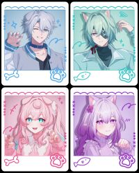 2boys 2girls anaxa_(honkai:_star_rail) animal_ear_fluff animal_ears aqua_eyes aqua_hair aqua_jacket black_shirt blue_background blue_collar blue_eyes blue_hair bow castorice_(honkai:_star_rail) cat_boy cat_ears closed_mouth collar dog_boy dog_ears eyepatch flower green_background grey_hair grey_jacket hair_between_eyes hair_flower hair_ornament highres honkai:_star_rail honkai_(series) hyacine_(honkai:_star_rail) jacket long_hair long_sleeves looking_at_viewer male_focus multicolored_eyes multicolored_hair multiple_boys multiple_girls neck_tattoo one_eye_closed open_mouth phainon_(honkai:_star_rail) pink_hair pink_nails pink_sweater pochimaru_(marumaru_wanwan) pointy_ears purple_eyes purple_hair purple_sweater red_bow shirt short_hair simple_background smile sweater tattoo teeth twintails two-tone_eyes two-tone_hair white_hair