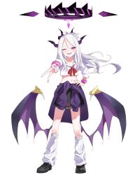 1girl absurdres ahoge alternate_costume belly black_shoes black_skirt blue_archive blush clothes_around_waist cropped_shirt demon_girl demon_horns demon_wings forehead gyaru gyaru_v hand_on_own_hip highres hina_(blue_archive) horns jacket jacket_around_waist kneehighs long_hair looking_back loose_socks navel one_eye_closed ontama_(ontama_link1235) open_mouth purple_eyes purple_jacket purple_scrunchie red_ribbon ribbon scrunchie shirt shoes sidelocks skirt socks teeth upper_teeth_only v white_hair white_shirt white_socks wings wrist_scrunchie