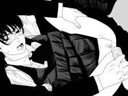 Rule 34 | 1boy, 1girl, blush, chainsaw man, collared shirt, commentary request, dress, fourth east high school uniform, fujimoto tatsuki (style), greyscale, highres, hitachi magic wand, jacket, leg hold, mitaka asa, monochrome, nanami toga, open mouth, pinafore dress, pussy juice, school uniform, sex toy, shirt, sleeveless, sleeveless dress, spread legs, vibrator