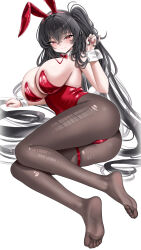 1girl absurdres animal_ear_hairband animal_ears ass azur_lane black_hair black_pantyhose blurry blurry_background blush bokeh bow bowtie breasts buko_(bukosuki) cleavage closed_mouth commentary depth_of_field detached_collar fake_animal_ears hair_between_eyes hair_intakes hairband highres large_breasts leotard long_hair looking_at_viewer lying official_alternate_costume official_alternate_hairstyle on_side one_side_up pantyhose playboy_bunny rabbit_ear_hairband rabbit_ears red_bow red_bowtie red_eyes red_leotard simple_background smile soles solo strapless strapless_leotard taihou_(azur_lane) taihou_(fun_on_the_baize)_(azur_lane) torn_clothes torn_pantyhose very_long_hair white_background white_wrist_cuffs wrist_cuffs