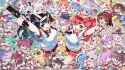 &gt;_&lt; 6+girls :d ahoge akai_haato aki_rosenthal alternate_costume amane_kanata animal_ear_fluff animal_ears ankimo_(tokino_sora) annotated aqua_eyes aqua_hair arm_up bibi_(tokoyami_towa) bird blonde_hair blue_eyes blue_hair blush bob_cut brown_hair buruma cat_ears chibi closed_eyes commentary_request crown daifuku_(yukihana_lamy) dog_ears dog_tail double_v double_vertical_stripe dragon_horns duck ear_piercing eating ebi_frion_(natsuiro_matsuri) everyone explosive fang food glasses green_eyes green_hair grey_eyes grey_hair gun gym_shirt gym_shorts gym_uniform hair_between_eyes hair_bun hair_ornament hairband hat headdress heterochromia highres himemori_luna hololive horns hoshimachi_suisei houshou_marine inugami_korone kiryu_coco legs long_hair looking_at_viewer medium_hair microphone minato_aqua minecraft mini_crown momosuzu_nene multicolored_hair multiple_girls murasaki_shion nakiri_ayame natsuiro_matsuri nekomata_okayu nepolabo omaru_polka one_eye_closed onigiri ookami_mio oozora_subaru open_mouth orange_eyes orange_hair oruyanke_(shirakami_fubuki) piercing pink_eyes pink_hair poyoyo_(nakiri_ayame) purple_eyes purple_hair rabbit_ears red_eyes red_shorts roboco-san running sakino_shingetsu sakura_miko second-party_source sheep_girl sheep_horns shirakami_fubuki shirogane_noel shirt shishiro_botan shoes short_hair short_sleeves short_twintails shorts side_ponytail sidelocks single_hair_bun sitting smile sports_festival sportswear standing stuffed_animal stuffed_toy subaru_duck sweatdrop tail teddy_bear tnt tnt_block_(minecraft) tokino_sora tokoyami_towa track_and_field tripping tsunomaki_watame twintails uruha_rushia usada_pekora v virtual_youtuber weapon white_hair white_shirt witch_hat yozora_mel yukihana_lamy yuzuki_choco