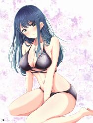 1girl barefoot bikini black_bikini blue_eyes blue_hair breasts cleavage commentary_request full_body highres kurokawa_akane large_breasts long_hair looking_at_viewer multi-strapped_bikini_top navel oshi_no_ko satya sitting solo swimsuit wariza