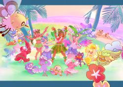 2boys 2girls absurdres bad_id bad_pixiv_id beach berry berry_(pokemon) bird cat cheri_berry comfey cutiefly elio_(pokemon) fern flower flower_necklace game_freak gen_7_pokemon grass grass_skirt hau_(pokemon) head_wreath highres hula jewelry lana_(pokemon) lei litten lum_berry mallow_(pokemon) multiple_boys multiple_girls necklace nintendo ocean oricorio owl palm_tree palossand pearl_necklace pokemon pokemon_(creature) pokemon_sm pokemon_usum popplio rockruff rowlet sand sea_star_hair_ornament seal_(animal) starter_pokemon_trio sun sunset tree tsunetowako water