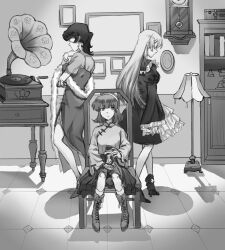 3girls ankle_socks antique_phone bookshelf boots bracelet camera china_dress chinese_clothes chinese_commentary clock closed_mouth collared_shirt commentary_request dot_nose dress expressionless faceless faceless_female frilled_dress frilled_sleeves frills from_behind full_body fur_shawl greyscale hairband hand_on_own_chin high_collar high_heel_boots high_heels highres holding holding_camera indoors jewelry jishixingle1029 knees lace-up_boots lamp long_dress long_hair long_sleeves looking_at_viewer mandarin_collar medium_hair medium_skirt monochrome multiple_girls on_chair original phonograph picture_frame pleated_skirt pointy_nose shadow shawl shirt shoulder_blades side_slit sitting skirt sleeve_ribbon sleeves_past_wrists socks standing tangzhuang tile_floor tiles very_long_hair wide_sleeves