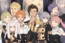 4boys 4girls :d blonde_hair book braid breasts brown_eyes brown_hair cape claude_von_riegan closed_eyes closed_mouth collarbone dark-skinned_male dark_skin earrings fire_emblem fire_emblem:_three_houses garreg_mach_monastery_uniform glasses green_eyes group_picture hand_on_another&#039;s_shoulder hand_on_own_chin highres hilda_valentine_goneril holding holding_book hota_hawk ignatz_victor jewelry leonie_pinelli long_hair looking_at_another looking_at_viewer lorenz_hellman_gloucester lysithea_von_ordelia marianne_von_edmund messy_hair multiple_boys multiple_girls nintendo one_eye_closed open_mouth orange_eyes orange_hair pink_background pink_eyes pink_hair purple_hair raphael_kirsten round_eyewear short_hair smile teeth twintails v white_hair yellow_eyes