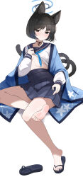 1girl absurdres animal_ears barefoot black_eyes black_hair black_nails blue_archive blue_halo blue_neckerchief blue_skirt breasts cat_ears cat_girl cat_tail closed_mouth feet fengqun halo highres kikyou_(blue_archive) legs looking_at_viewer medium_breasts multiple_tails nail_polish neckerchief school_uniform serafuku short_hair simple_background single_bare_foot sitting skirt smile soles solo tail toenail_polish toenails toes white_background