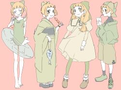 black_sash green_kimono highres holding holding_skewer japanese_clothes kimono long_hair multiple_views orange_hair original osakana_tomika red_background sash short_hair shorts skewer swimsuit twintails