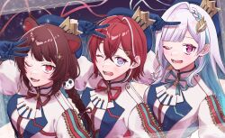 3girls ange_katrina animal_ears animal_hair_ornament aqua_bow aqua_bowtie aqua_hair aqua_ribbon beret blue_eyes blue_gloves blue_hat blunt_bangs blush border bow bowtie braid breasts brown_bow brown_bowtie brown_hair brown_ribbon colored_inner_hair crossed_bangs crown_hat_ornament dog_ears fang finger_counting flower gloves hair_between_eyes hair_flower hair_intakes hair_ornament half_gloves hand_to_forehead hashtag-only_commentary hat highres index_finger_raised inui_toko ioori_chan jacket lapels light_particles lize_helesta long_bangs long_hair looking_at_viewer low_twintails medium_breasts multicolored_hair multiple_girls nijisanji one_eye_closed open_mouth outline parted_bangs puffy_short_sleeves puffy_sleeves purple_background purple_eyes red_bow red_bowtie red_eyes red_hair red_ribbon ribbon sanbaka_(nijisanji) sanbaka_anniversary_outfit short_hair short_sleeves single_hair_intake skin_fang small_breasts smile star_(symbol) star_in_eye symbol_in_eye teeth three_quarter_view triangle_hair_ornament twintails two-tone_hair v virtual_youtuber white_border white_hair white_jacket white_outline