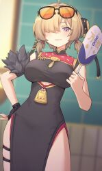 1girl ahoge black_dress black_gloves breasts brown_hair china_dress chinese_clothes clothing_cutout cowboy_shot dress eyewear_on_head fingerless_gloves folding_fan gloves hair_over_one_eye hand_fan hand_on_own_hip large_breasts looking_at_viewer pelvic_curtain sher_(imnotsher) short_twintails single_glove sleeveless sleeveless_dress smile solo sweety_(zenless_zone_zero) tinted_eyewear tuanshan twintails underboob_cutout yellow-tinted_eyewear zenless_zone_zero
