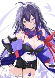 1girl ahoge black_gloves black_shorts breasts cleavage commentary_request covered_navel elbow_gloves gloves highres honkai:_star_rail honkai_(series) large_breasts leg_tattoo leotard leotard_under_clothes long_hair purple_eyes purple_hair seele_(honkai:_star_rail) shorts simple_background single_glove solo tattoo thighs translation_request unifox0123 very_long_hair white_background white_leotard