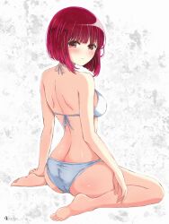 1girl arima_kana ass bikini bob_cut butt_crack commentary_request from_behind highres looking_at_viewer oshi_no_ko red_eyes red_hair satya short_hair sitting solo swimsuit wariza white_background white_bikini