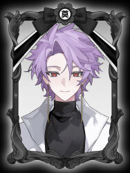 Rule 34 | 1boy, absurdres, black shirt, chinese commentary, closed mouth, commentary request, earrings, haoe (157876), highres, iei, jacket, jewelry, looking at viewer, male focus, open clothes, open jacket, portrait, purple hair, red eyes, saibou shinkyoku, shirt, short hair, smile, solo, theodore riddle, white jacket