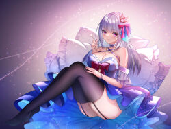 1girl ass bare_shoulders black_garter_straps black_thighhighs blue_dress blush bow bracelet breasts choker cleavage commentary commission criss-cross_halter dress frilled_choker frilled_dress frilled_pillow frills garter_straps hair_ornament halter_dress halterneck hoshizuki_lunna indie_virtual_youtuber jewelry knees_up large_breasts legs light_particles long_hair looking_at_viewer mimikaki necklace no_shoes parted_hair pillow purple_eyes purple_nails red_bow sitting skeb_commission skindentation smile solo thighhighs thighs virtual_youtuber white_hair yuasa_akira