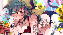 1girl all_fours arm_tattoo aruna_reaver balloon bikini black_bikini black_horns blue_eyes bracelet breasts cake cleavage collar collarbone commission crossed_bangs demon_horns demon_tail flower food fork fruit glasses green_hair hair_ornament hairclip happy_birthday hat head_wings heterochromia himeyamayuri holding holding_fork horns indie_virtual_youtuber jewelry leg_tattoo lemon lemon_slice long_hair mismatched_bikini red_bikini red_eyes semi-rimless_eyewear skeb_commission solo spiked_bracelet spiked_collar spikes stomach_tattoo sun_hat sunflower swimsuit tail tattoo teeth tongue upper_teeth_only virtual_youtuber wings