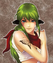 1girl bandana black_wings blacksmith_(ragnarok_online) blue_eyes breasts brown_background butterfly_tattoo cleavage commentary_request crop_top feathered_wings gobaku_no_hito green_hair head_wings lips long_hair looking_at_viewer lowres medium_breasts parted_lips ragnarok_online red_bandana shirt shoulder_tattoo sleeveless sleeveless_shirt solo tattoo text_background upper_body white_shirt wings