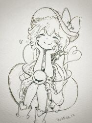 Rule 34 | 1girl, blush, boots, bow, buttons, closed eyes, closed mouth, collared shirt, commentary request, dated, diamond button, eyeball, facing viewer, frilled shirt collar, frilled sleeves, frills, greyscale, hands on own face, hat, hat bow, heart, heart of string, highres, komeiji koishi, long sleeves, monochrome, shiro tsugumi, shirt, smile, solo, split mouth, third eye, touhou, traditional media, wide sleeves