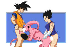3boys anal ass black_hair blush censored colored_skin dragon_ball dragonball_z erection fellatio from_behind looking_back majin_buu majinbuusama male_focus multiple_boys muscular muscular_male nude oral penis pink_skin red_eyes sex son_goku spitroast super_buu trembling vegeta yaoi