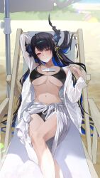 Rule 34 | 1girl, absurdres, alternate costume, arm behind head, arm up, armpits, asymmetrical horns, beach, beach chair, beach umbrella, bikini, black bikini, black hair, blue hair, blush, bottle, breasts, chair, cleavage, closed mouth, collarbone, colored inner hair, commentary, crystal horns, day, days, demon horns, english commentary, flower, flower knot, fortissimo, hair ornament, highleg, highleg bikini, highres, hololive, hololive english, horn flower, horns, large breasts, long hair, looking at viewer, lotion, lotion bottle, lounge chair, lying, mole, mole under eye, multicolored hair, musical note, musical note hair ornament, navel, nerissa ravencroft, object on breast, on back, open clothes, open shirt, outdoors, purple eyes, red eyes, sand, sarong, shirt, sidelocks, slit pupils, smile, solo, stomach, sunscreen, swimsuit, tassel, tassel hair ornament, thekaiyip, two-tone hair, umbrella, uneven horns, very long hair, virtual youtuber, white sarong, white shirt