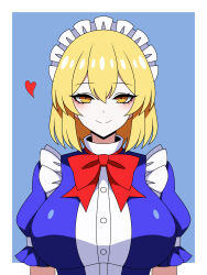 absurdres blonde_hair blue_dress bow bowtie dress highres looking_at_viewer maid maid_headdress mugetsu_(touhou) puffy_sleeves red_bow red_bowtie ringed_eyes short_hair short_sleeves slit_pupils smile ssaf_seibeupail touhou yellow_eyes