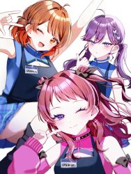 Rule 34 | 2girls, 3girls, ;), ;d, \m/, absurdres, ahoge, animate (company), blue shirt, blue skirt, blush, braid, breasts, brown hair, butterfly hair ornament, cleavage, denim apron, employee uniform, finger to cheek, gakuen idolmaster, hair ornament, hanami saki, hanami ume, highres, idolmaster, kaya rinha, multiple girls, name tag, one eye closed, open mouth, pink arm warmers, pink shirt, purple hair, shirt, simple background, skirt, smile, szmymsz