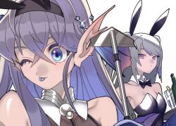 2girls alternate_costume animal_ears bare_shoulders blue_eyes blue_tongue bottle bow bowtie colored_tongue cup detached_collar duel_monster fake_animal_ears fins grey_eyes head_fins kitkallos_(yu-gi-oh!) leotard long_hair multiple_girls one_eye_closed playboy_bunny purple_eyes rabbit_ears senjo tearlaments_kitkallos tearlaments_scheiren tongue tongue_out traditional_bowtie tray two_side_up wine_bottle yu-gi-oh!