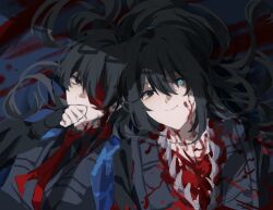 2boys black_eyes black_gloves black_hair black_suit black_vest blood blood_on_clothes blood_on_face blood_on_ground blue_eyes covering_own_mouth dimension_shredder_(e.g.o) double-parted_bangs e.g.o_(project_moon) fingerless_gloves formal_clothes gloves hair_between_eyes hair_flowing_over hair_over_one_eye heads_together heterochromia high_ponytail highres hong_lu_(project_moon) limbus_company looking_at_viewer lying multiple_boys necktie on_back on_ground ponytail project_moon red_necktie shadow suit teeth vest w_corp._(identity)_(project_moon) wuzinan19 yi_sang_(project_moon)