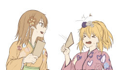 &gt;_&lt; 2girls blonde_hair breasts brown_hair flower hair_flower hair_ornament highres japanese_clothes kimono laughing looking_at_another medium_breasts medium_hair misaka_mikoto motion_lines multiple_girls object_request pink_kimono print_kimono purple_flower purple_rose rose shokuhou_misaki sidelocks simple_background small_breasts sweatdrop toaru_kagaku_no_railgun toaru_majutsu_no_index white_background white_flower white_rose yakult1124 yellow_kimono