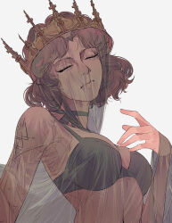 1girl absurdres black_bra black_choker bra breasts brown_hair choker closed_eyes closed_mouth cloth commentary crown elliemaplefox english_commentary hand_up highres large_breasts lips original short_hair shoulder_tattoo simple_background solo tattoo underwear upper_body veil white_background