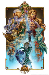 5boys 6+girls artist_request bald beard bird brown_hair character_request crossed_arms dark-skinned_female dark_skin earrings facial_hair goron impa jewelry link master_sword multiple_boys multiple_girls nabooru nintendo one_eye_covered owl pointy_ears princess_ruto princess_zelda red_hair serious sheik shield smile sword the_legend_of_zelda the_legend_of_zelda:_ocarina_of_time weapon young_link