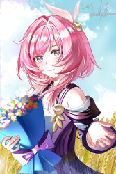 1girl artist_name blue_eyes blue_sky bouquet breasts chinese_commentary coat commentary_request cyrene_(honkai:_star_rail) dated dress flower hair_ornament highres holding holding_bouquet honkai:_star_rail honkai_(series) kaede/kumo outdoors pink_hair purple_coat reaching reaching_towards_viewer short_hair sky small_breasts smile solo wheat wheat_field white_dress